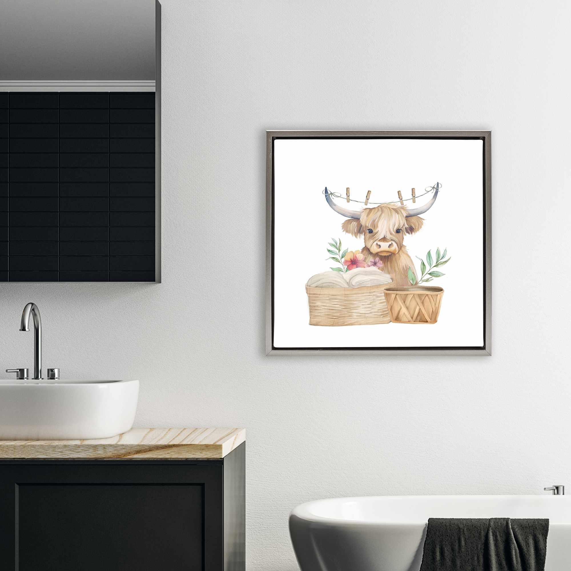 Laundry Day Baby Cattle Gray Framed Floater Canvas Wall Art, design by Kim Allen