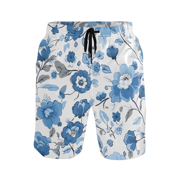 Blue Floral Pattern Mens Swim Trunks Quick Dry Board Shorts Breathable Fit Beach Shorts Swimwear