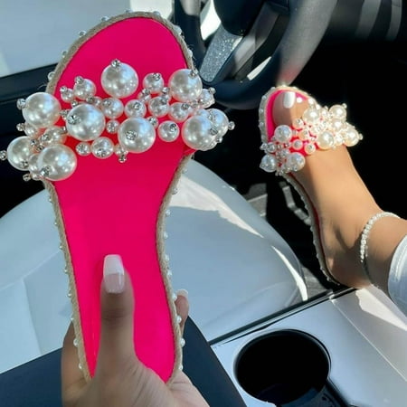 

Women s Pearl Fashion One-Word Slippers Flat Large Size Sandals And Slippers