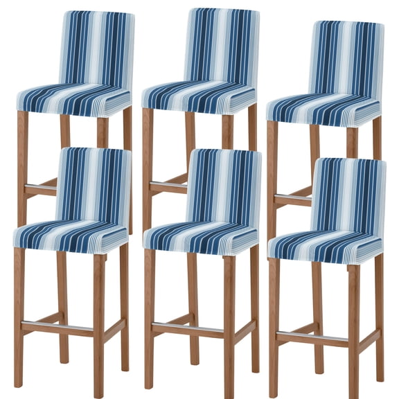 Navy Blue Stripe Bar Stool Cover Set of 6, Modern Blue Ombre Vertical Striped Stretch Bar Chair Cover, Removable Washable Pub Counter Stool Chair Slipcover for Kitchen Dining Room Pub Cafe