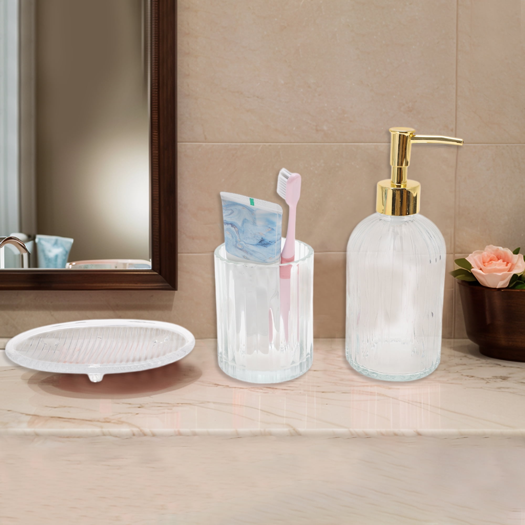 Unique Bargains 3Pcs Reusable Stripes Bathroom Accessories Set Clear