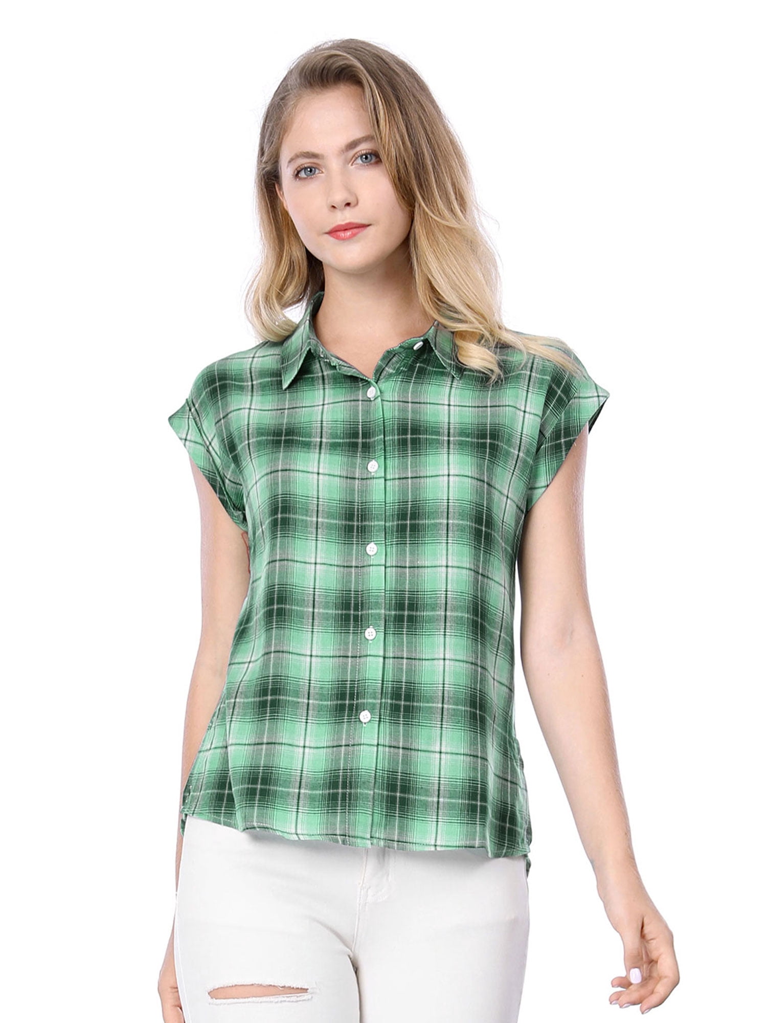 DARING DIVA Women's Summer Plaid Short Sleeves Button Down Shirts XL Green