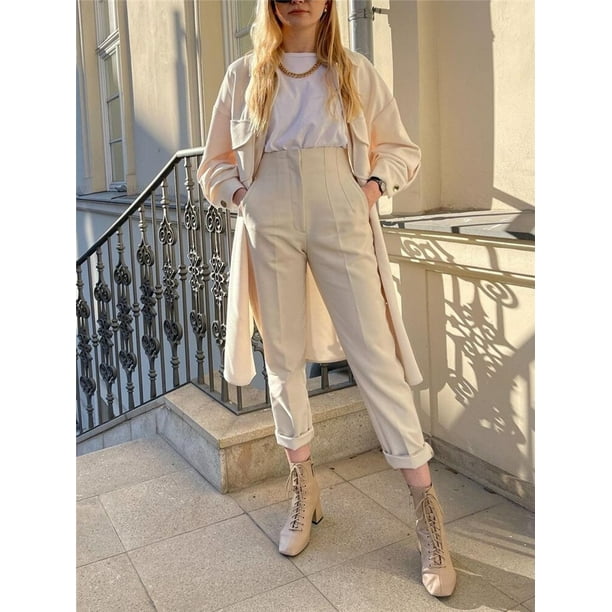 High Waisted Pants Women Fashion Office Beige Pants Chic Button Zip Elegant  Pink
