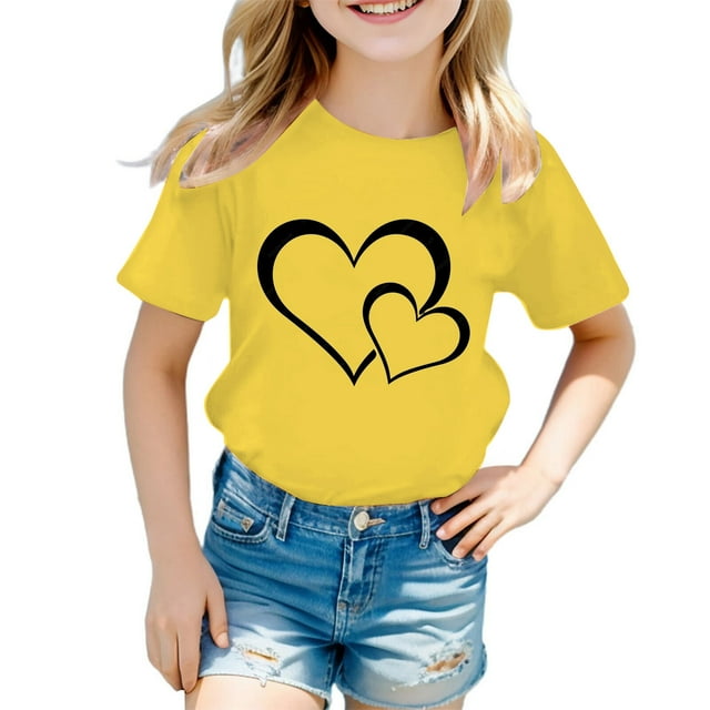 XDZJLR T-Shirts pour Filles Enfant Mignon Graphique Col Rond Manches Courtes Été Décontractés T-Shirts Jaunes 7-8 Ans