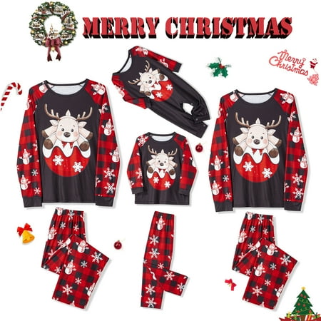 

Christmas Family Matching Pajamas Sets Elk Plaid Print Raglan Tops Pants Xmas Holiday Sleepwear Loungewear Jammies Pjs Outfit