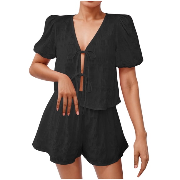 Camisas de Color Sólido para Mujeres Verano Manga Corta Cuello en V Cuello Delantero Corbata Camisa Pantalones Cortos Conjunto