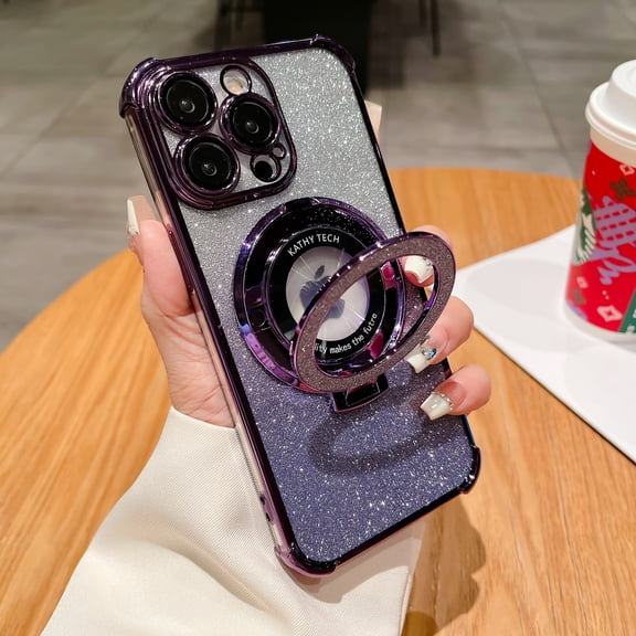 Case Designed for iPhone 13 Pro Max with Phone Ring Stand, Glitter Shining Paper Clear Back Case, Built-in Camera Lens Protector, Wireless Charging, Shockproof Plating Phone Cover, Darkpurple