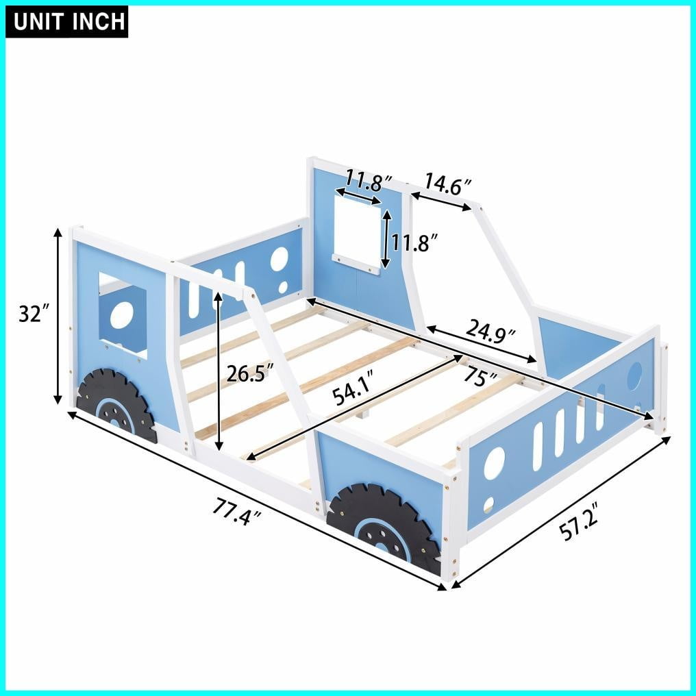 Full Size Pine Wood & MDF Classic Car-Shaped Platform Bed with Wheels, Blue for Bedroom