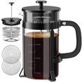thumbnail image 1 of QUQIYSO Cafetera de prensa francesa de acero inoxidable 304 de 34 oz con 4 filtros, resistente al calor, duradera, fácil de limpiar, prensa de café de vidrio de borosilicato, tetera de vidrio 100% lib, 1 of 5