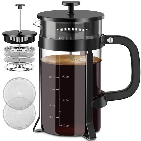 QUQIYSO Cafetera de prensa francesa de acero inoxidable 304 de 34 oz con 4 filtros, resistente al calor, duradera, fácil de limpiar, prensa de café de vidrio de borosilicato, tetera de vidrio 100% lib