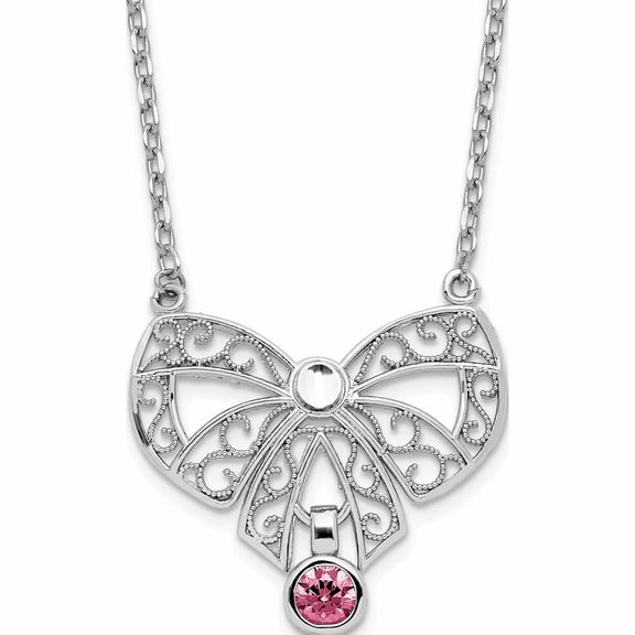 Sterling Silver Rhodium-Plated Polished Oct. Bow Cz Birthstone Necklace Made In United States -Jewelry By Sweet Pea