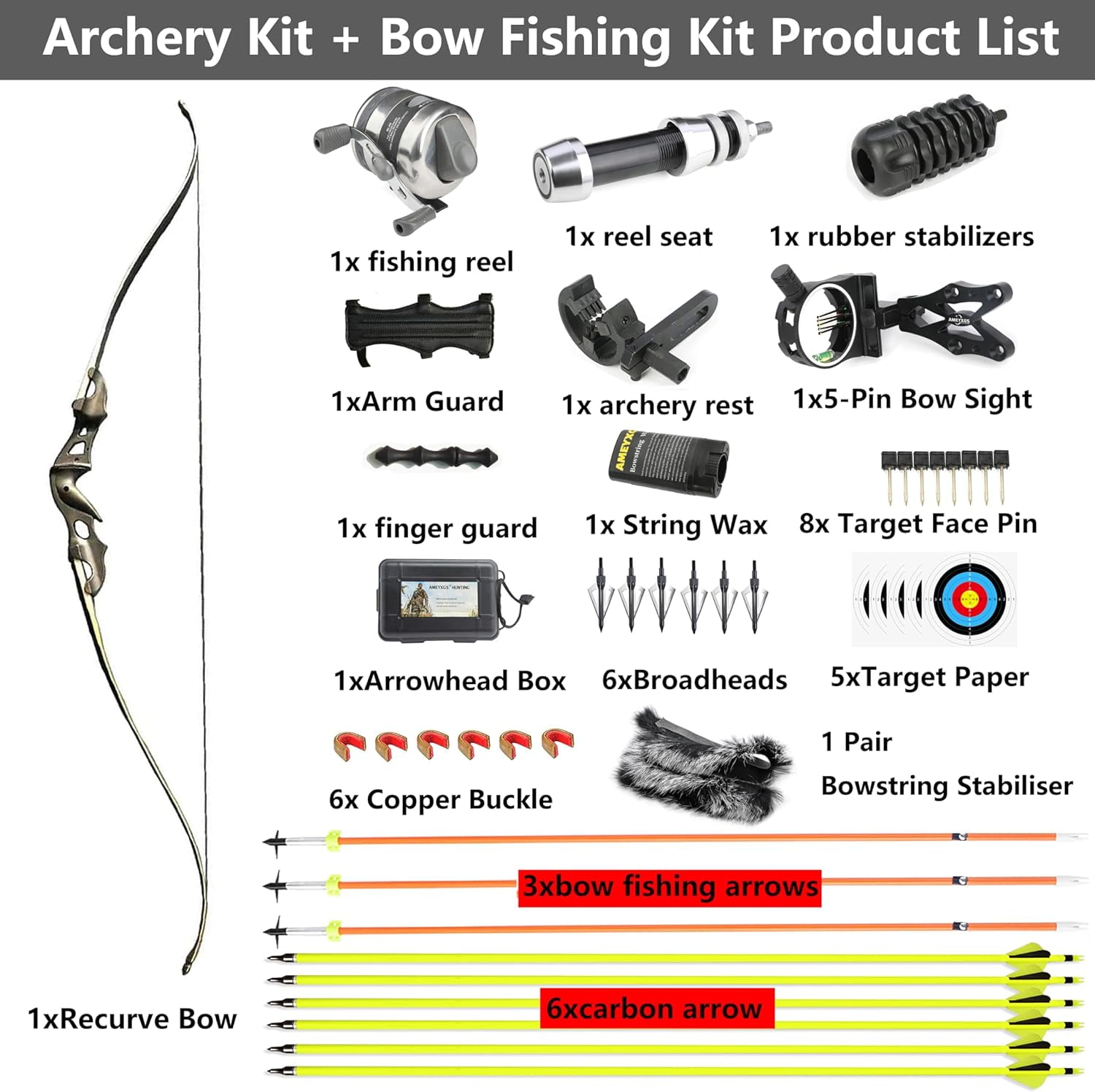BLACK HUNTER 60" Recurve Bowfishing Kits with Reel for Adults Youth Hunting Bow Aluminium Bow Riser 30lbs-55lbs Right-Handed Bow