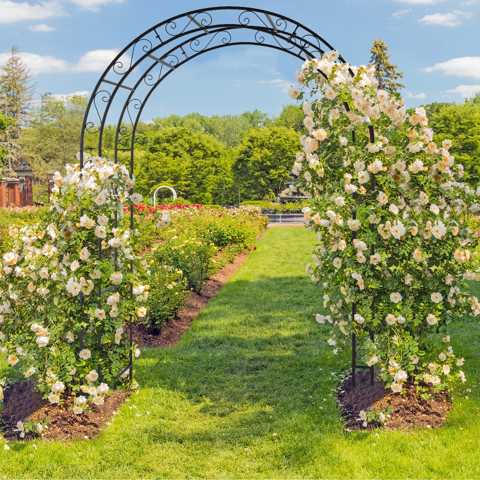 Garden Arch Trellis Double Layer Iron Metal Flower Plant Support for Climbing Roses Vines Cucumbers Outdoor Decor Rustic Wedding Arch Entryway Arbor 83H x 59L x 22W Inches Ground Stakes Included