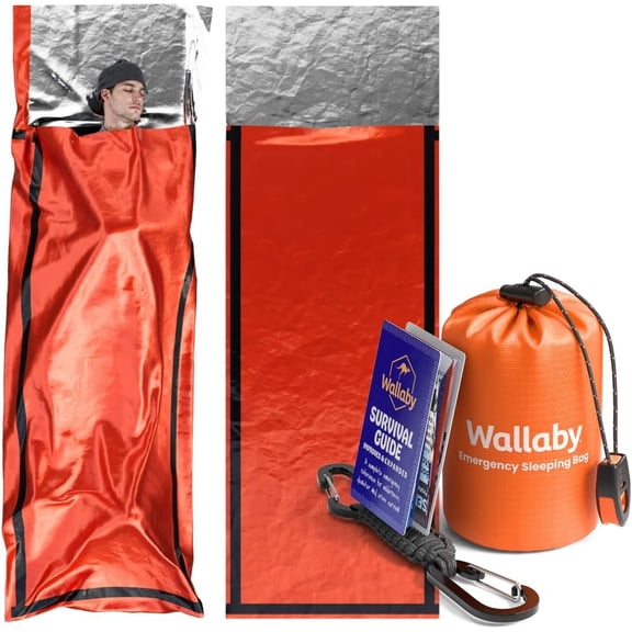 Wallaby 2-Pack Emergency Mylar Sleeping Bags with Nylon Pouches, Whistle Pull & Paracord with Carabiners, Free Survival Guide (Orange)