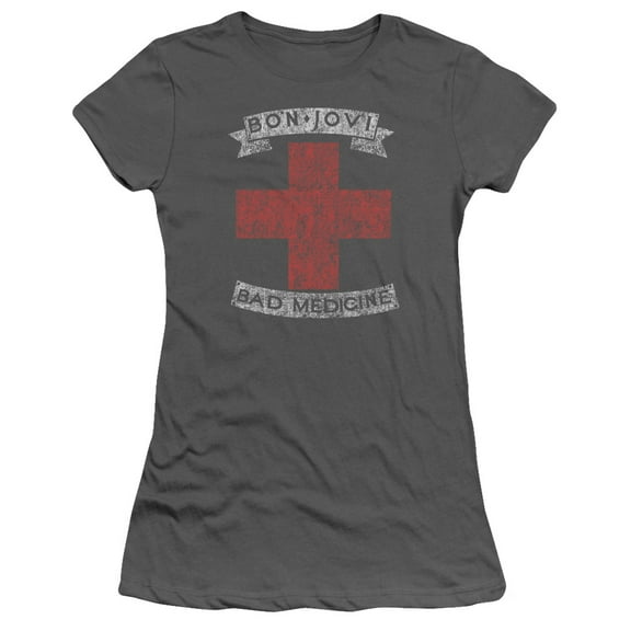 Juniors: Bon Jovi- Distressed Bad Medicine Cross Apparel Womens T-Shirts - Grey