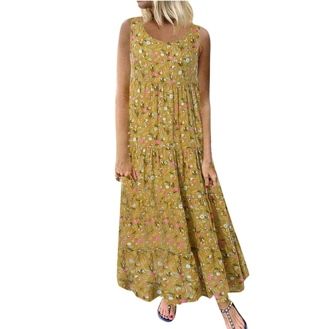 CHUANK Robe pour Femmes Liquidation Été Femmes Grande Taille Décontractée Ample Sans Manches Florale Quotidienne en Lin Imprimé Longue Robe Maxi