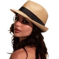thumbnail image 1 of DRESHOW Sombrero panamá de paja para mujer, sombrero de viaje Fedora para playa, sombrero para el sol, sombrero enrollable de paja de ala ancha UPF 50+, 1 of 1