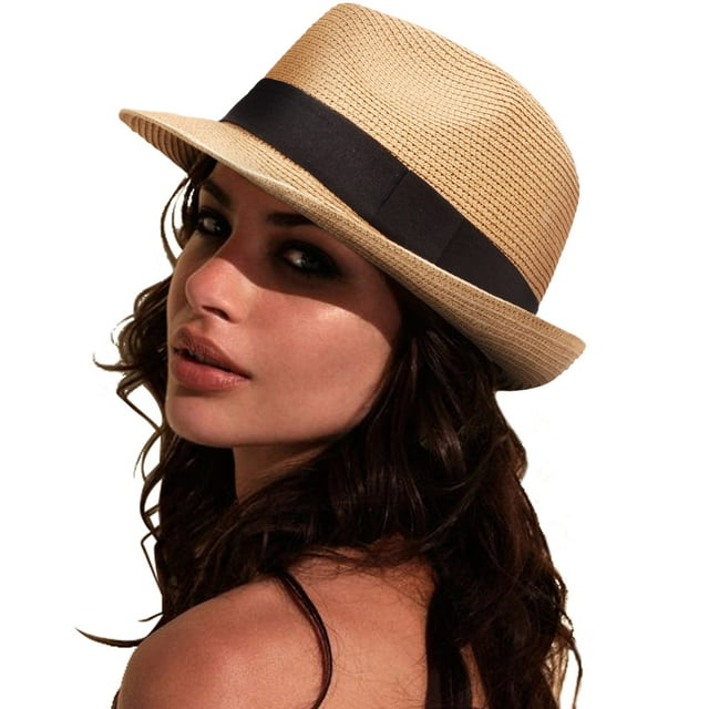 DRESHOW Sombrero panamá de paja para mujer, sombrero de viaje Fedora para playa, sombrero para el sol, sombrero enrollable de paja de ala ancha UPF 50+