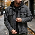 thumbnail image 2 of Jerdar Men's Faux Two Piece Hooded Denim Trucker Jacket Lapel Collar Button Flap Pockets Washed Long Sleeve Loose Fit Vintage Casual Fall Winter Streetwear Jean Outerwear Coat Top, 2 of 5