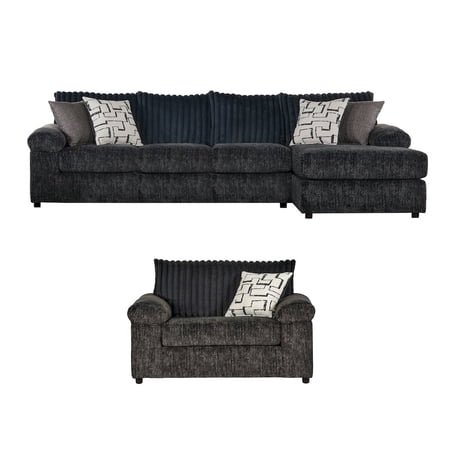 Roundhill Furniture Nason Wide Wale Corduroy Sectional Sofa Chaise with Armchair, Charcoal