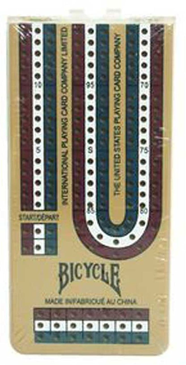 Red and Blue Bicycle 3-Track Cribbage Board Bundle with 2 Bicycle Standard Playing Cards