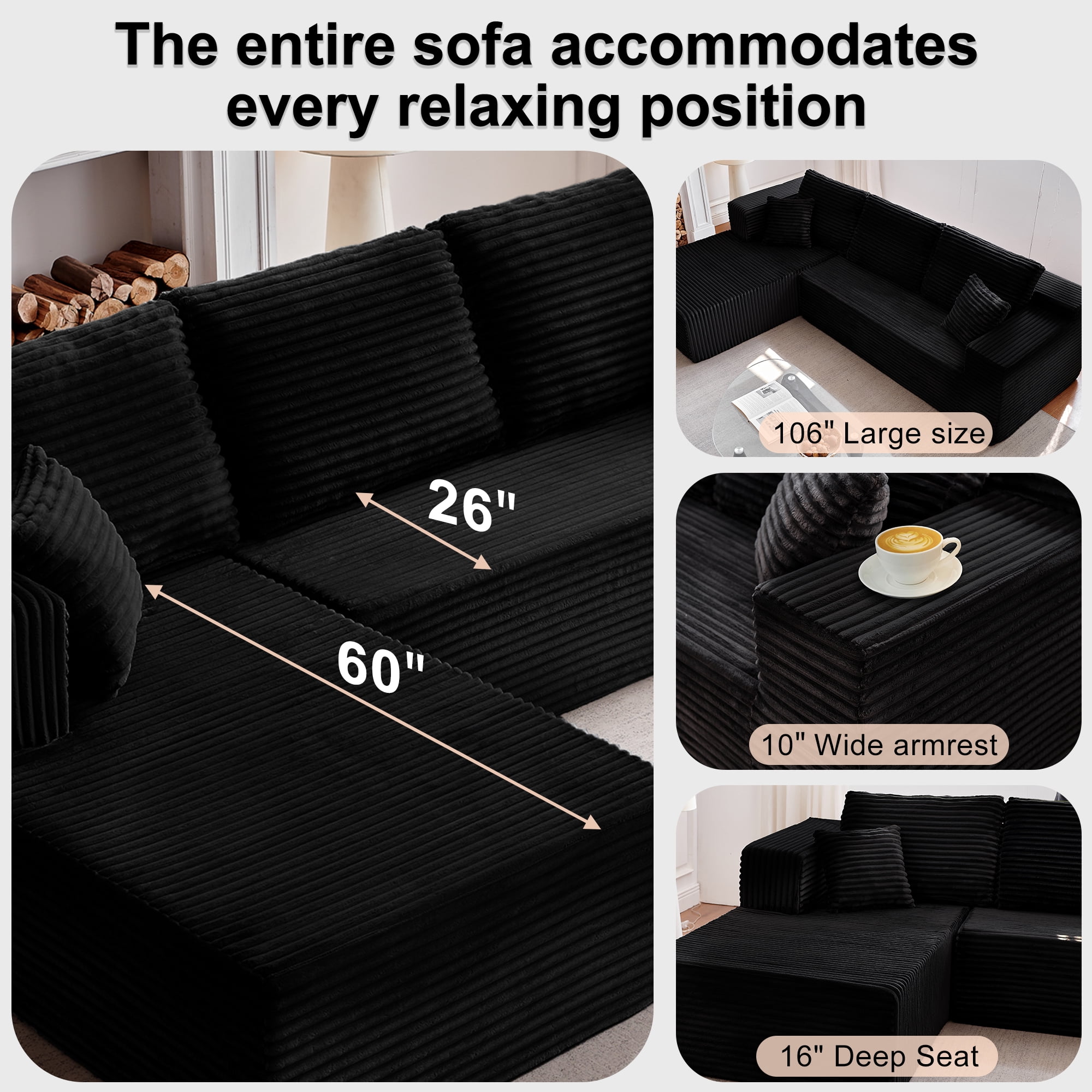 Actoroom 106" Modular Sectional Couch, L-Shape Boneless Cloud Couch, 4 in 1 Convertible Upholstered Sofa for Living Room, Black