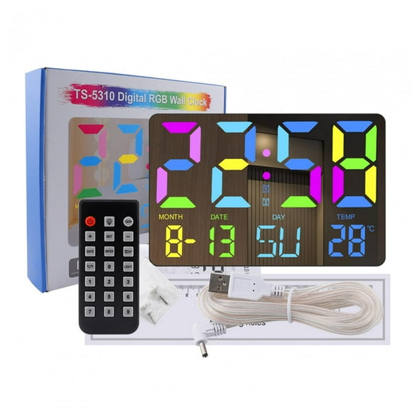 Reloj despertador digital con indicador de temperatura y pantalla LED grande para montaje en pared. Concha negra