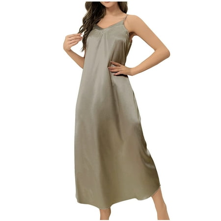 BRGZLK Women s Satin Nightshirt Sexy Sleepwear Lace Chemise Nightgown Babydoll Sleepwear Khaki L