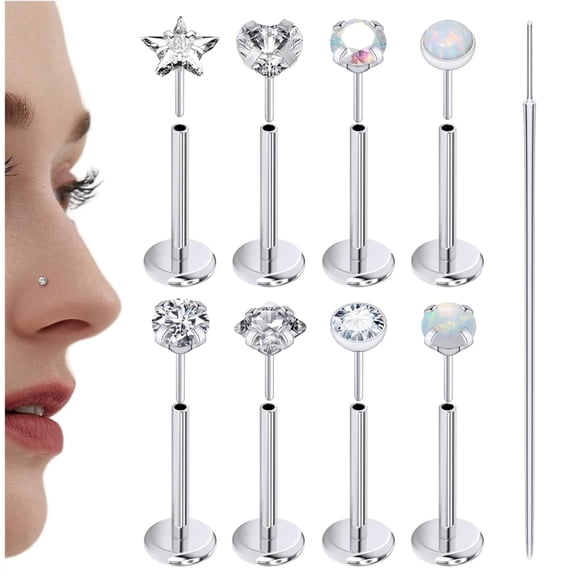 8Pcs 16G Push in Theadless Nose Rings Studs Hypoallergenic Lip Labret Jewelry Flat Back Nose Stud Stainless Steel Cartilage Helix Tragus Earrings for Women Men