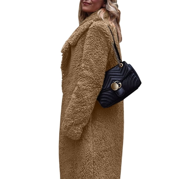 Womens Fuzzy Fleece Lapel Open Front Long Cardigan Coat Faux Fur Warm Winter Outwear Jackets Deep Camel S