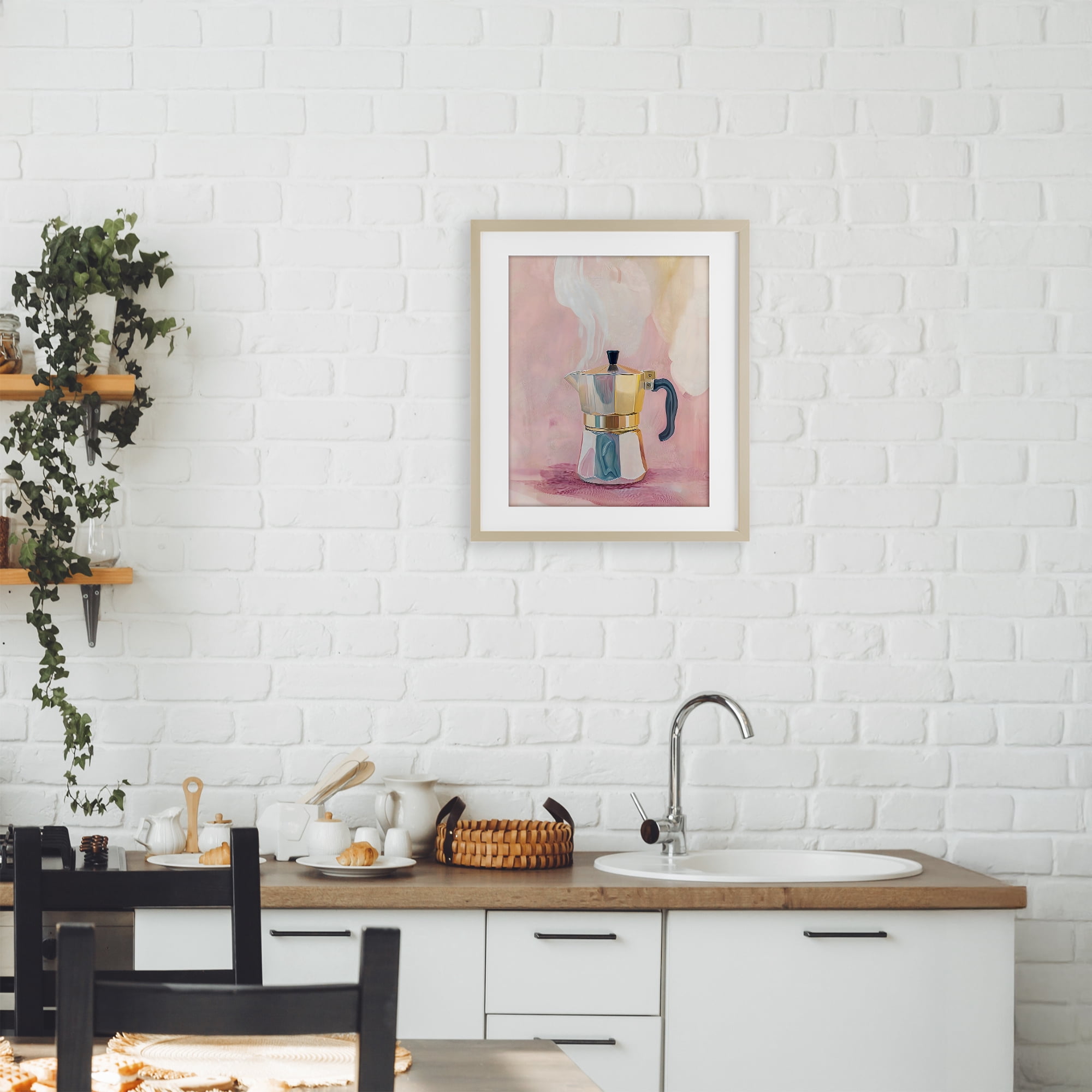 Stupell Industries Vintage Coffee Maker on Pink Birch Framed Print Under Glass, design by The Prints Vibe