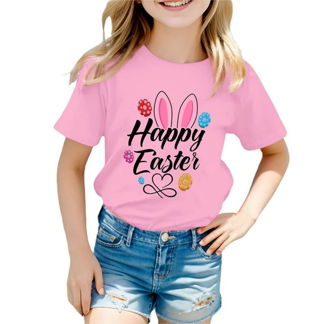 MIASHUI T-Shirt Garçon Fille Manches Courtes Imprimé Lapin de Pâques Drôle, Rose, 3-4 Ans
