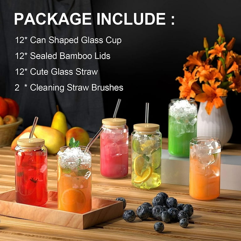 [ 12pcs Set ] Glass Cups with Bamboo Lids and Glass Straw -  Beer Can Shaped 16 oz Iced Coffee Drinking Glasses, Cute Tumbler Cup for  Smoothie, Boba Tea, Whiskey