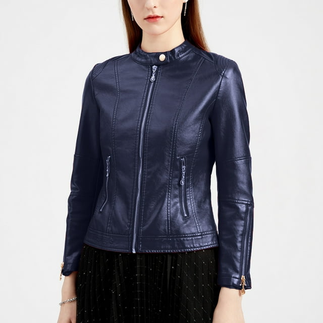 LOVZFMLL Jackets for Women Fashion Zipper Leather Tops With Pocket Short Coat Jacket