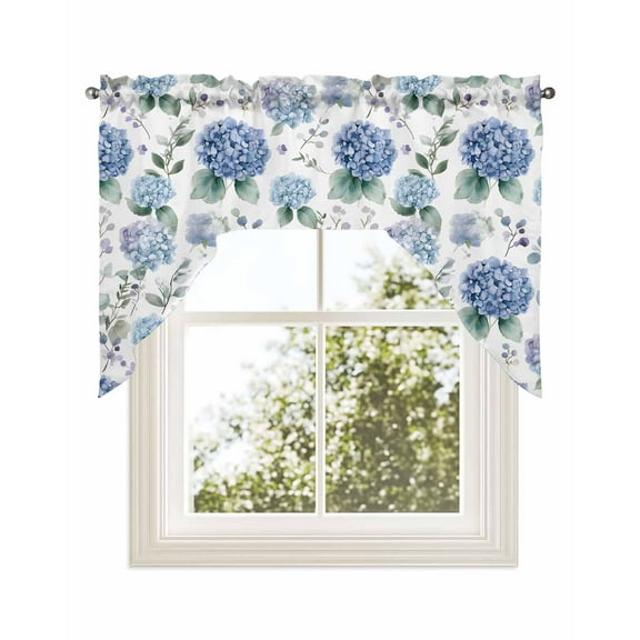 Blue Spring Floral Kitchen Curtains Swag Valance for Windows/Bathroom/Cafe, Watercolor Botanical Elegant Rod Pocket Drape Panel Swag Curtains Valance for Bedroom/Living Room 56"x36"