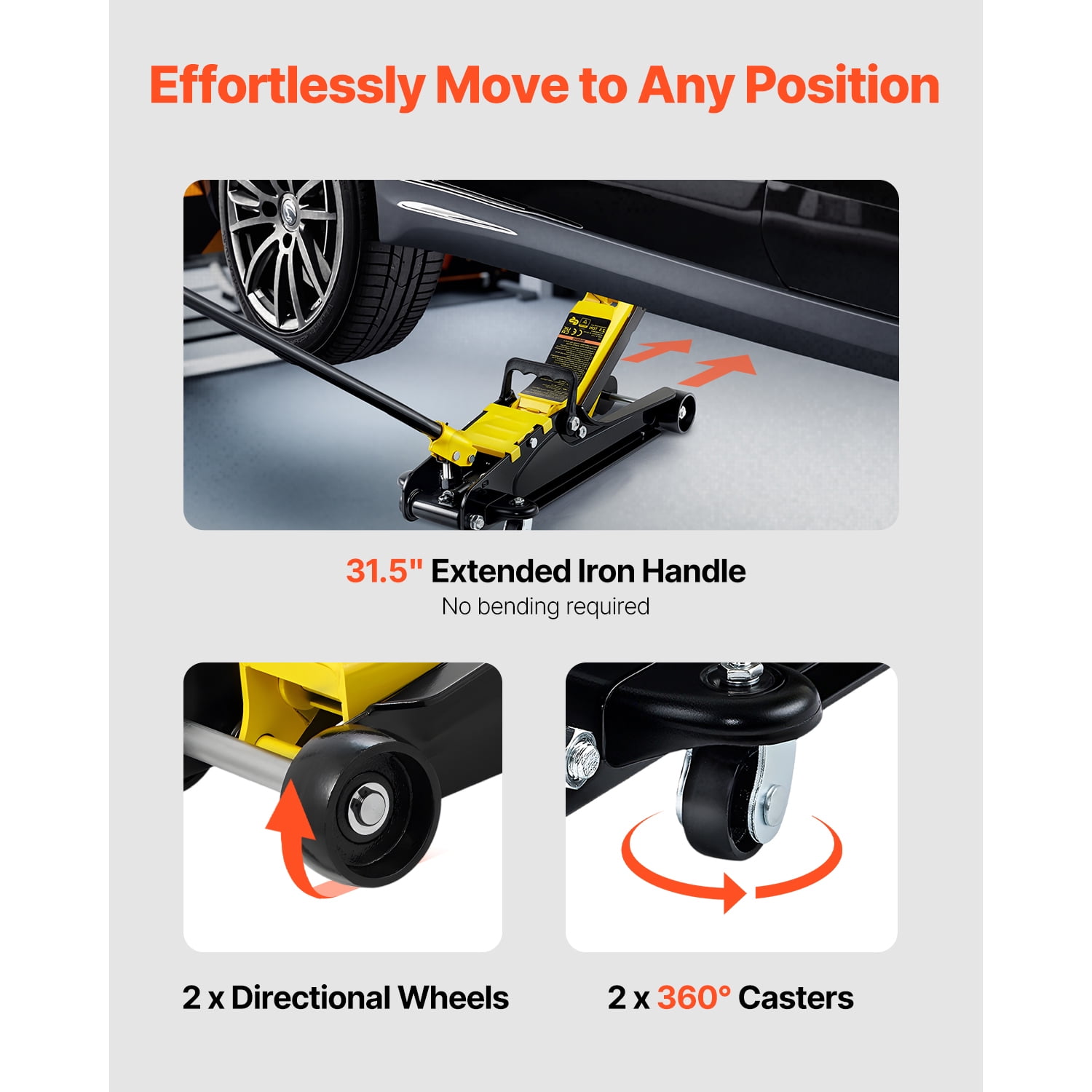 KFFKFF 2.5 Ton Low Profile Steel Floor Jack, Durable Racing Jack with Single Piston Lift Pump, Lifting Range 3.35"-14.96",Black+Yellew