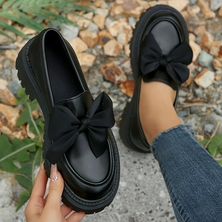 

XGZHP2 Elegant Women‘s Round Toe Slip On Platform Loafers with Bow All-Match Preppy Style Shoes