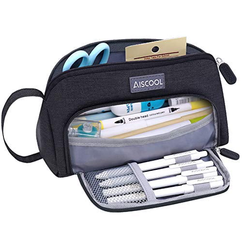 Aiscool Big Capacity Pen Pencil Case Holder Bag Pen Organizer Pouch Stationery Box Oxford Cloth Dry-wet Separation Portable Travel Hanging Bag Toiletry Bag for School Home Office Black 