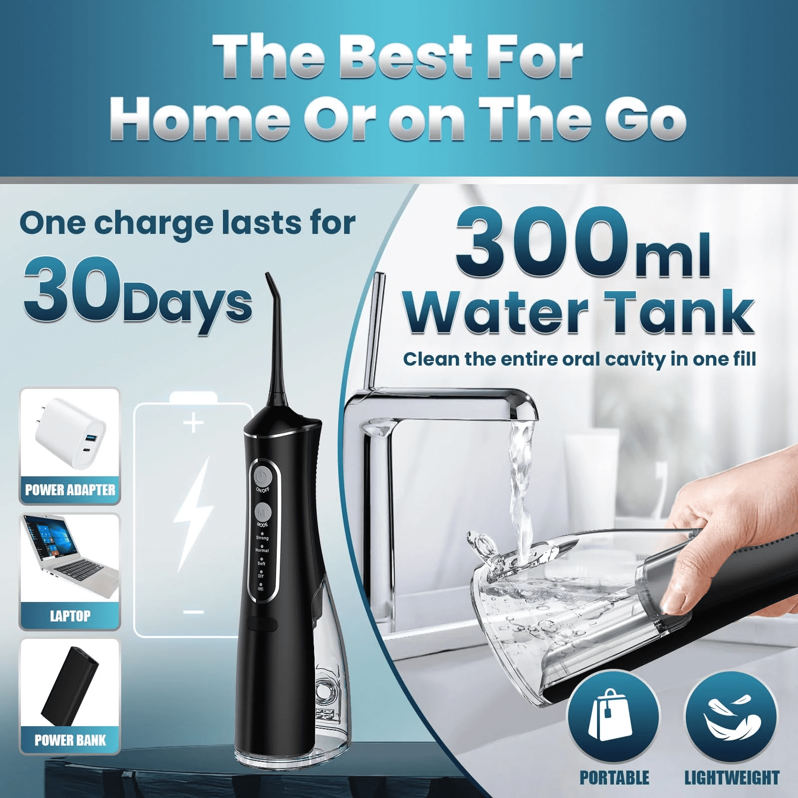 Water Flosser for Teeth Cordless: 300ML Cordless Oral Irrigator with DIY Pressure for Braces and Family, 4 Modes & 5 Jet Tips, 30-Day Battery, IPX7 Waterproof Dental Flosser for Daily Oral Care Trave