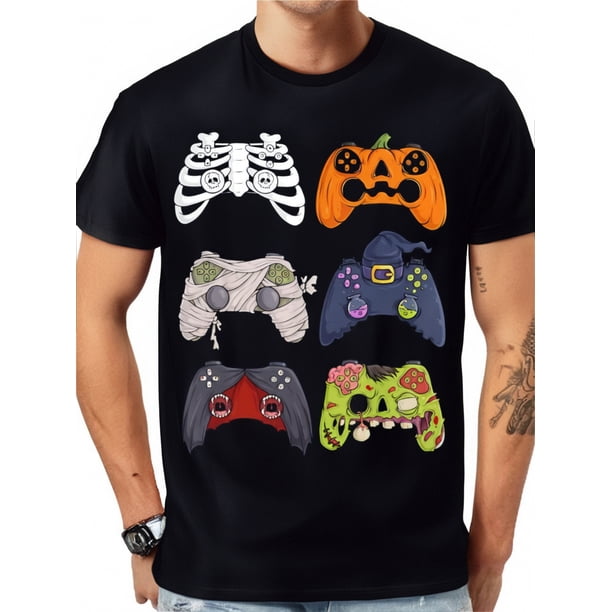 Camiseta de algodón con diseño de controlador de juego de Halloween para hombre, negra, 220 g, para adultos, hombres, mujeres, adolescentes, jóvenes