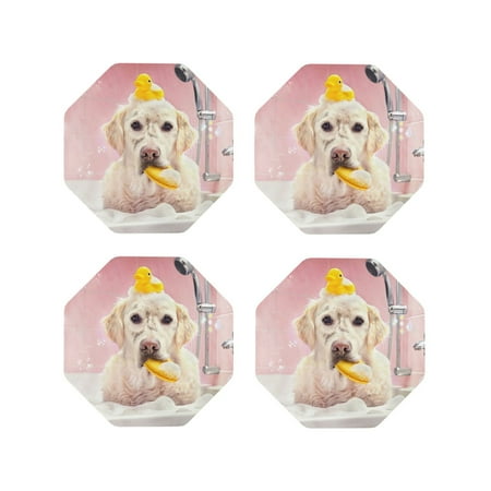 

Tideii Dog Sitting In Bathtub With Duck On Head for Leather Coasters 4 Pieces Anti-fouling and Anti-scalding Decorative Coasters Suitable for Restaurants Kitchens Coffee Shops-Octagon