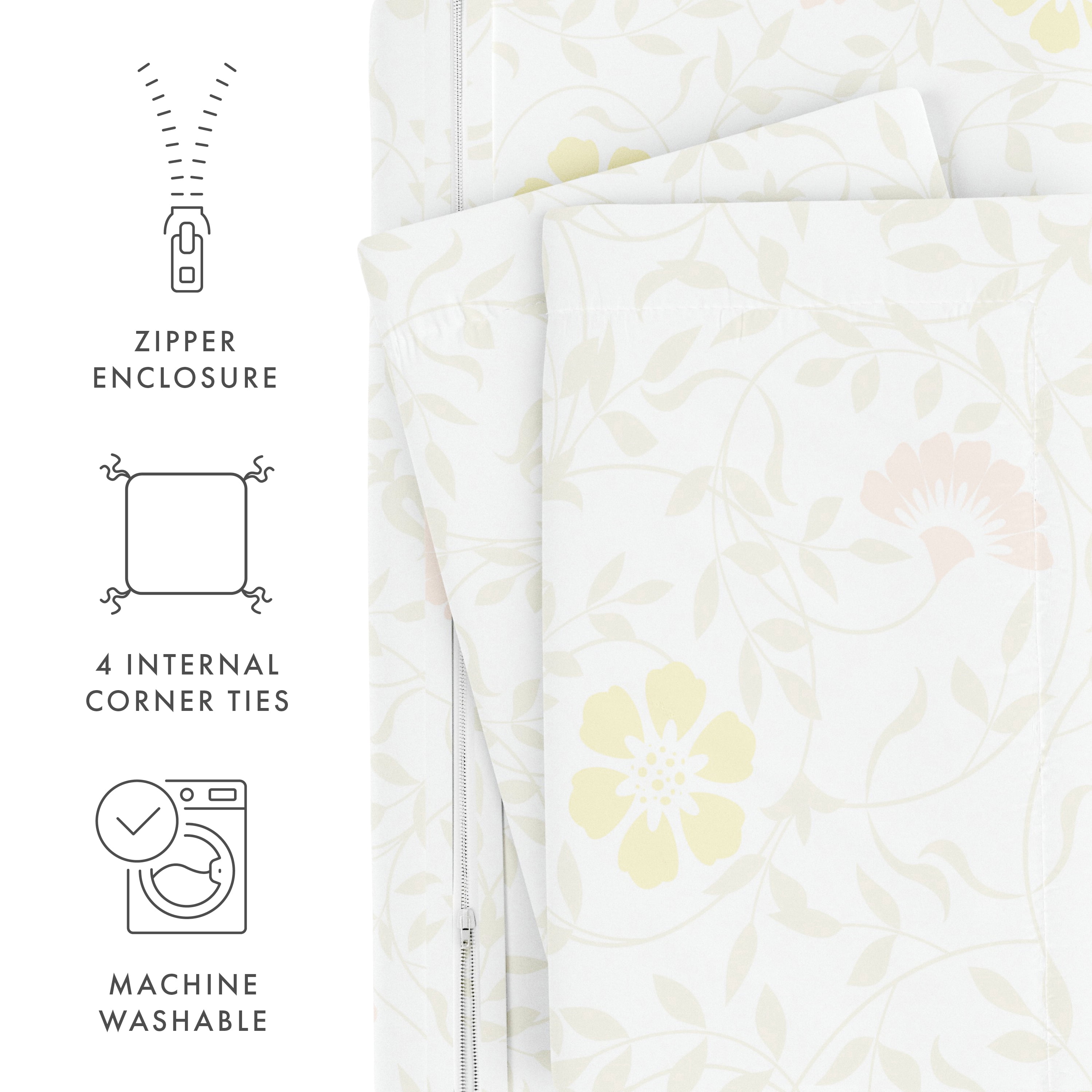 Noble Linens White Spring Vines Print Duvet Set 3-Piece Duvet Cover Set, King/Cal King