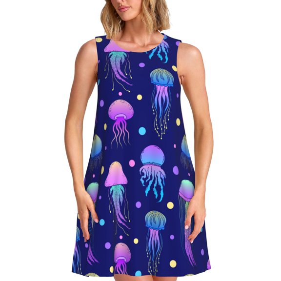 Spring Summer Dresses for Women 2025 - Blue Purple Jellyfish Swimsuit Coverup Sundresses for Women, Beach Vacation Clothes for Women, Hawaiian Tshirt Dresses for Women