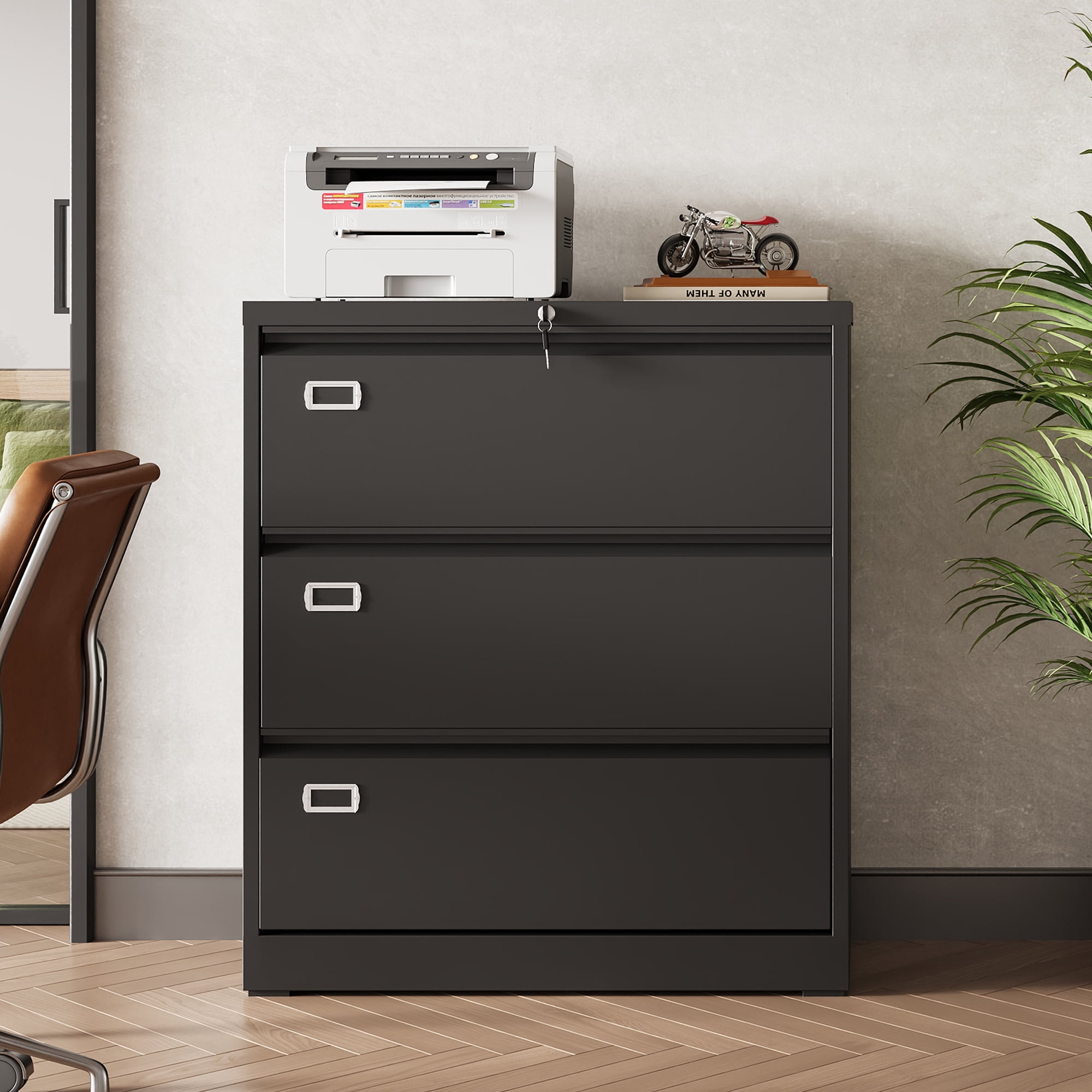 GALAXHERO Lateral File Cabinet with 3 Drawer, Metal Lockable Storage Cabinet for Home Office, Hanging Files Letter/Legal/F4/A4 Size, Black