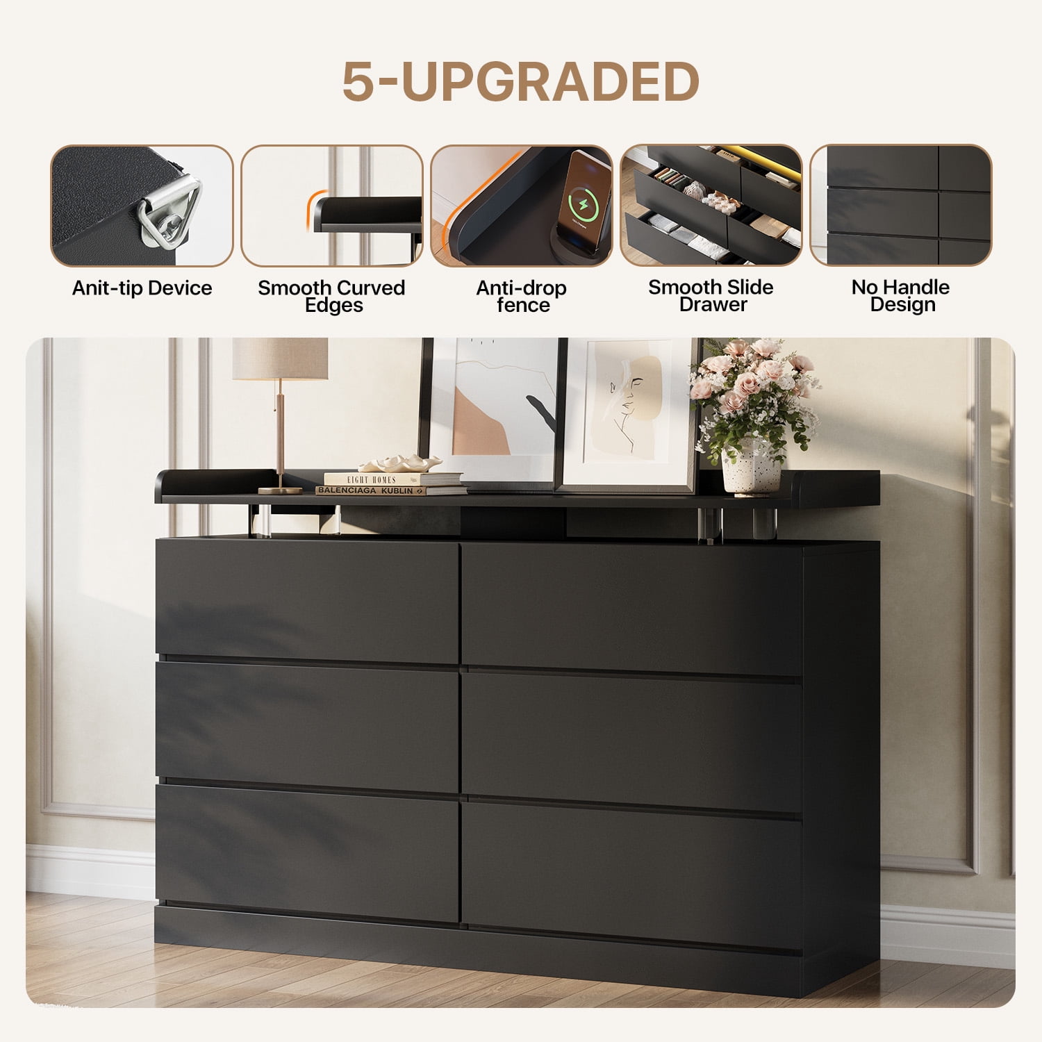 BaPiPro 47-Inch Black 6 Drawer Dresser, Modern High Gloss Chest with LED Light & Glass Tabletop, Large Capacity Storage Cabinet for Bedroom or Living Room