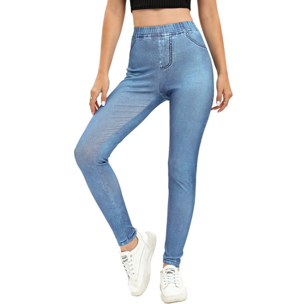 Bellella Women Faux Denim Pant Skinny Fake Jeans High Waist Leggings Slim  Fit Tummy Control Jeggings Workout Bottoms Blue XL 
