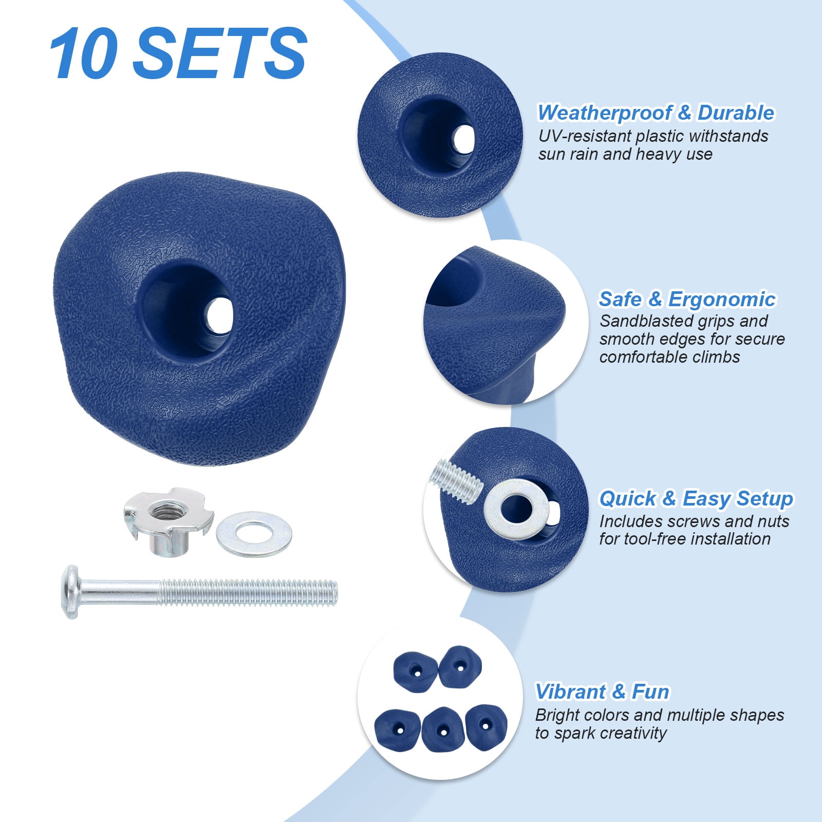 Rock Climbing Holds, 10 Pcs Climbing Rock Wall Grips with Single Holes for Playground Accessories, Blue-B