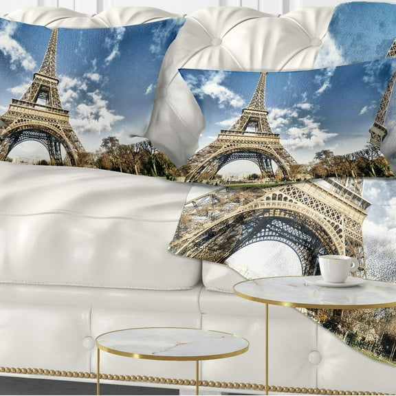 Designart Eiffel Under Dark Cloudy Sky - Landscape Photography Throw Pillow - 12x20