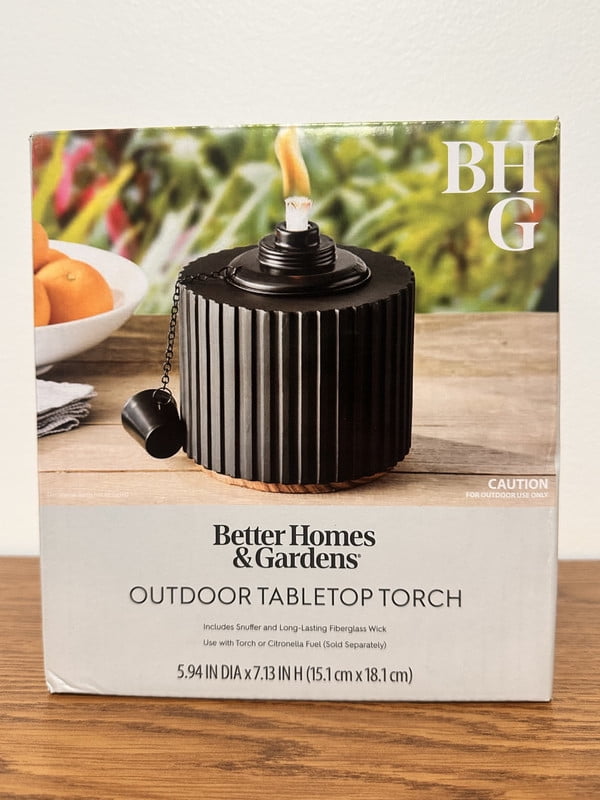 Better Homes & Gardens Outdoor Tabletop Torch | Snuffer Cap| Fiberglass Wick | Metal Fuel Canister