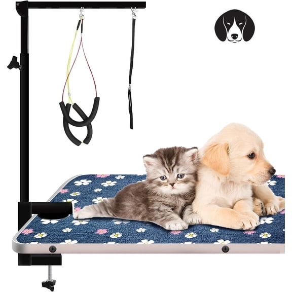 SNYNUXX Adjustable Dog Grooming Arm with Clamp, 20"–34" Height Pet Grooming Table Arm with 2 Grooming Loops for Dogs and Cats, Black